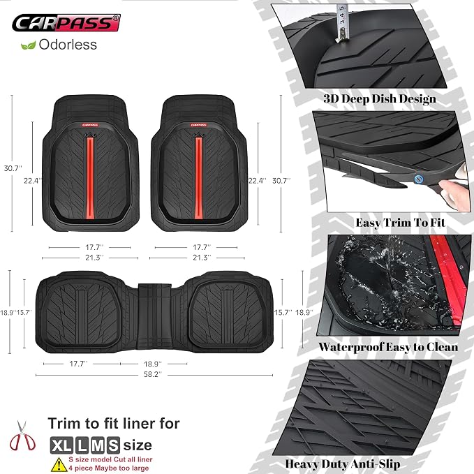 CAR PASS Waterproof Front Car Seat Covers,3D Tire Pattern Neoprene Seat Covers,Heavy Duty Rubber Floor Mats 3-Piece, Universal MXL Size Trim-to-Fit Automotive Floor Mats for Truck Van SUV