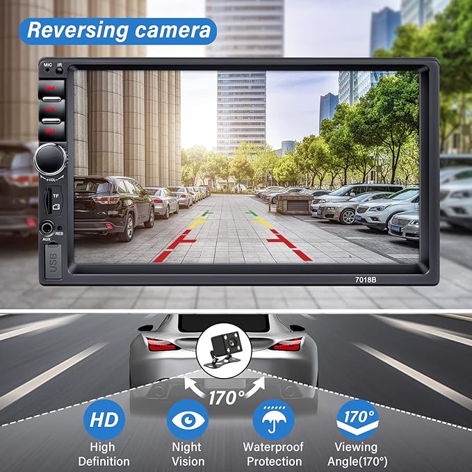 Double Din Car Stereo with Backup Camera Microphone, 7' Touchscreen 2 Din Radio, MP5 Player, Car Audio Receivers Support Mirror Link/Hands Free Call/FM/Steering Wheel Remote/BT/TF/USB/EQ/Aux