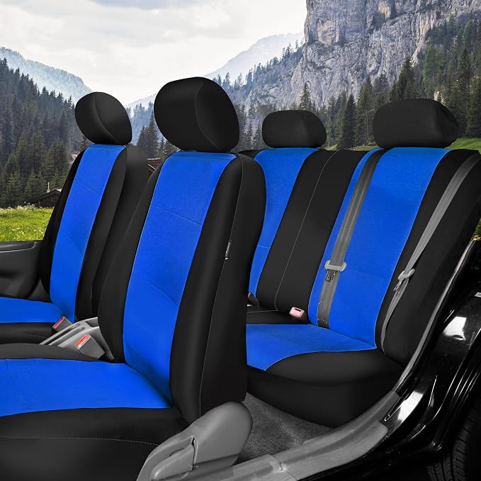 FH Group Waterproof Neoprene Car Seat Covers Full Set – Universal Fit Front & Split Bench Rear Seat Covers, Airbag Compatible Automotive Seat Protectors for Cars, SUVs & Vans, Blue