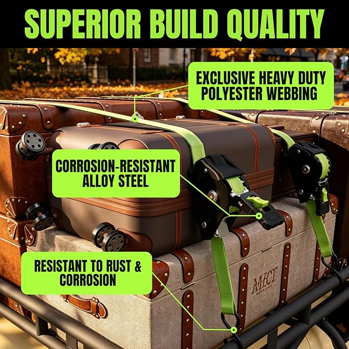 Retractable Ratchet Straps, 4-Pack, 1 Inch x 12 Feet, 1,760lb Break Strength, Self Retracting Tie Down for Truck, Cargo Trailer, Motorcycle, ATV, UTV (Neon Green, 4pack)