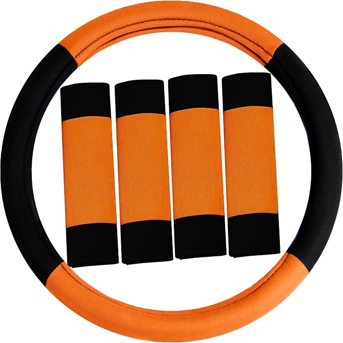 FH Group Automotive Seat Covers Unique Flat Cloth Orange Full Set, Combo Steering Wheel Cover and Seat Belt Pads Rear Solid Bench Universal Fit for Vans Cars Trucks and SUV Interior Accessories