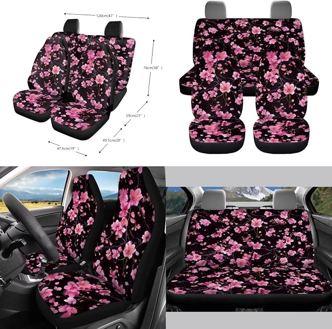 Cherry Blossom Print 10 Pcs Car Seat Covers Full Sets, 1 Steering Wheel Cover, 4 Front Rear Seat Covers, 1 Vehicle Garbage Can, 1 Car Air Vent Storage Bag, 2 Cup Coasters, 1 Keychain
