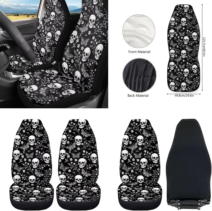 Howilath Black Butterfly Skull Car Front Seat Cover Auto Accessories with Center Console Cover+Steering Wheel Cover+Seatbelt Pads+Keychain+Coasters Set of 10 Fit Most Vehicle