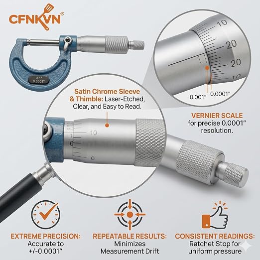 0-1" Micrometer, 0.0001" Precision Outside Tool with Ratchet Stop | Replacement for 103-131 – 0-1" outside micrometer with 0.0001" vernier resolution for precision shop & lab measurements.