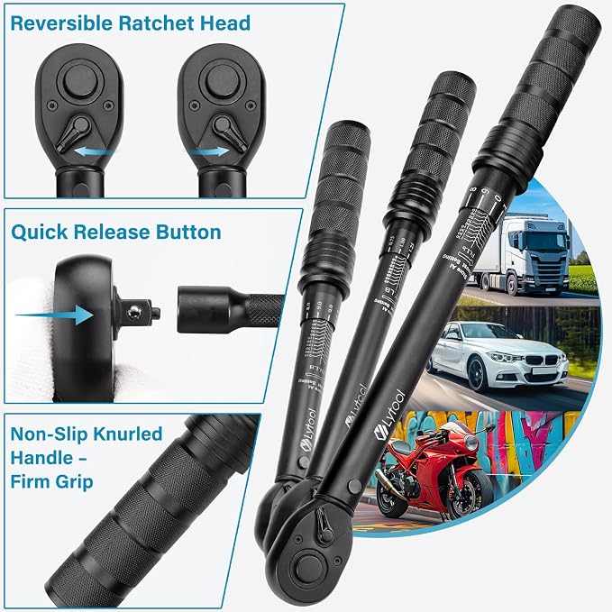 Lytool 3-Piece 72-Tooth Click Torque Wrench Set(1/4" 3/8" 1/2" Drive) with Torx and Hex Bit Socket Set 1/4”