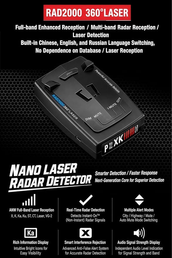 Radar with Detection Up to 1100 Yards Long Range Detection, X/K/Ka/KU/ST/CT Band & Laser Detectors for Cars with Voice Alert, Intelligent False Alert Filter, Includes Suction Cup Mount