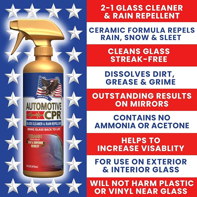 Glass Cleaner & Rain Repellent – Premium Ceramic 2-in-1 Formula Cleans & Protects – Streak-Free Shine for Windshields, Windows, & Mirrors – Made in USA – 16oz
