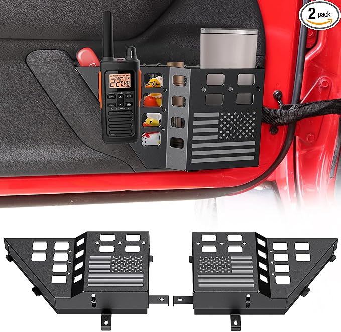 DIAMOOKY Upgraded Metal Front Door Pocket Storage Box for Jeep Wrangler JK JKU 2018 2017 2016 2015 2014 2013-2007 2/4 Door Accessories, Adjustable Door Organizer Molle Panels, Flag, 2PCS
