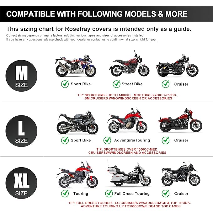 Rosefray 420D Motorcycle Half Cover-Outdoor Waterproof All Weather Protection Lightweight Half Cover,Black M Size for Most Touring Models Harley Davidson,Honda Goldwing,Road King Street Glide