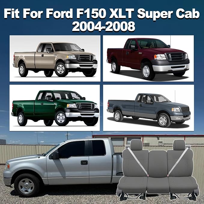 Custom Bench Seat Covers for Ford F150 XLT Super Cab 2004 2005 2006 2007 2008 Heavy Duty Cloth Protector Interior Accessories，Waterproof & Machine Washable - Gray (Front)