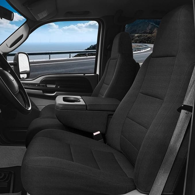 Front Seat Covers for Ford F250-F550 Super Duty 2002-2010 40/20/40 Split Seat with Molded Headrest & Shoulder Support Textured Breathable Fabric Knit - Black