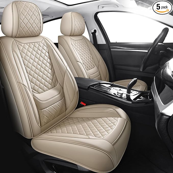 Car Seat Covers Full Set, Beige Leather Seat Covers, Breathable Front and Back Car Seat Protectors, Wear-Resistant Seat Covers Universal Fit for Most Cars SUV Truck (Beige-Diamonds,Full Set)