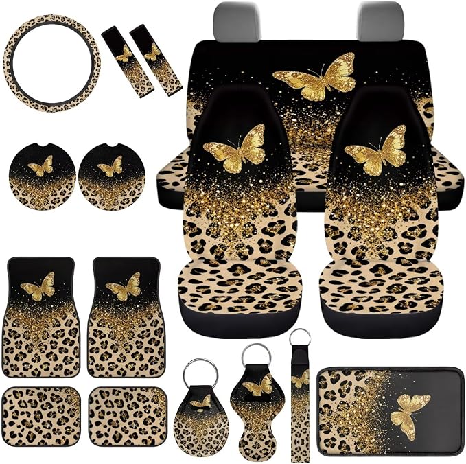 Leopard Print Car Seat Covers 17 Pack,Gold Butterfly Car Accessories Full Sets with Car Mats Full Set,Steering Wheel Cover,Seat Belt Cover,Funda para Volante De Carro Auto Interior for Women