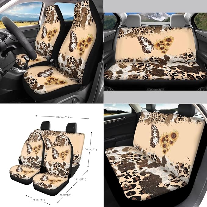 Butterfly Sunflower Print Car Seat Cover Sets for Women Full Set Leopard Cow Print Car Front and Rear Seat Covers with Steering Wheel Cover Safety Belt Pads Garbage Bag Coasters