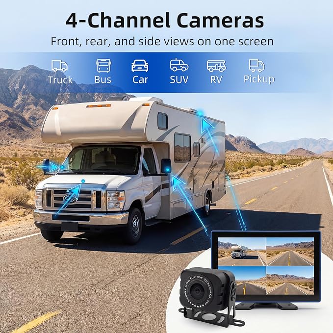 4K RV Backup Camera System, 10.1 in Touchscreen, 4 Wired Cameras | 4CH 1080P Night Vision, IP68K Waterproof, DVR Loop Recording for Truck RV