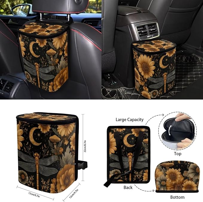 Moon Floral Car Aaccessories Full Set of 15 Pcs, Dragonfly Car Seat Covers Set with Rear View Mirror Cover,Steering Wheel Covers,Car Trash Can with Lid for Women,Universal Fit