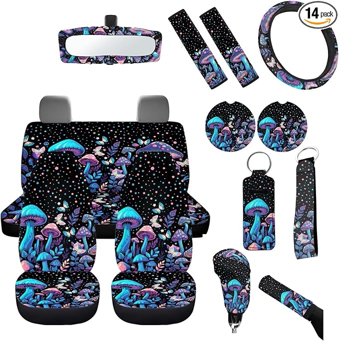 Blue Mushrooms Car Seat Covers Universal Fit 14Pcs Butterfly Mushroom Cottagecore Car Accessories Protection with Steering Wheel Cover Keychain Coasters