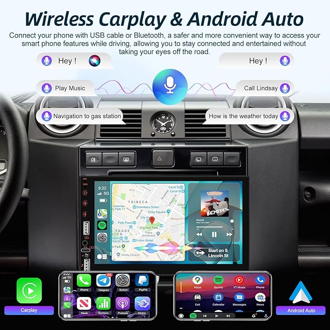 NHOPEEW Single Din Stereo with Wireless Carplay and Android Auto - 7 Inch Touch Screen Car Radio - Online Video/EQ Audio/Mirror Link/SWC/Bluetooth/FM/USB Charging + 12leds Backup Camera