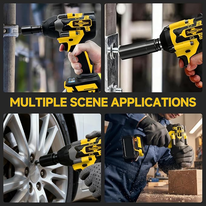 Rhovixster 1/2 Impact Gun Cordless - Impact Wrench Set, 1/2 Torque Impact, Brushless Motor High Torque Impact Guns with 2pcs 4Ah Battery & 1pcs Charger, 850N.M Torque