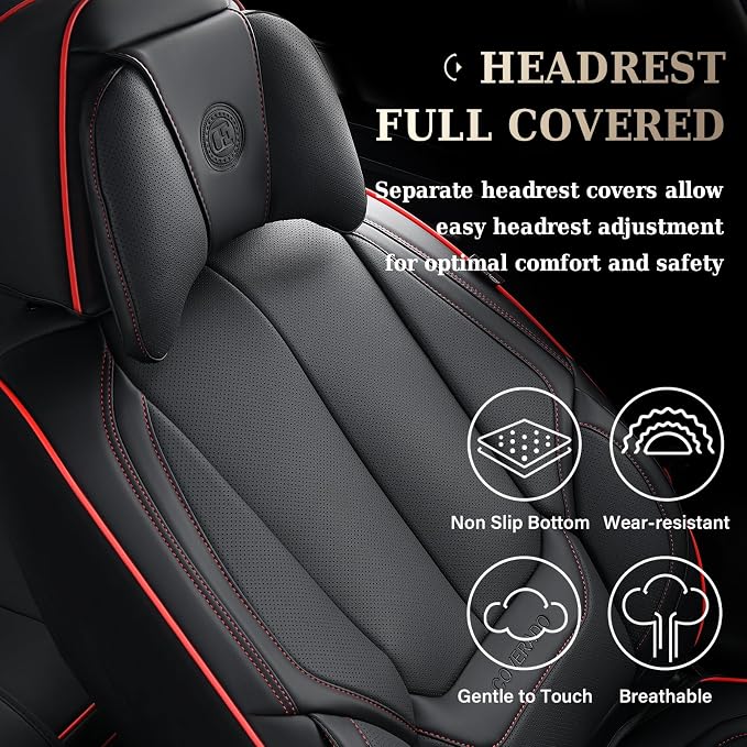 Coverado Universal Seat Covers Full Set, Universal Seat Covers for Cars, Waterproof Nappa Leather Car Seat Covers with Head Pillow, 5 Seats Auto Protectors Fit for Most Pick-up Truck, Black&Redline