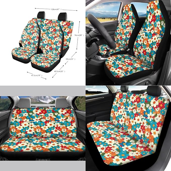 Hippie Boho Blossoms Pattern Car Accessories Car Seat Covers Full Set with Steering Wheel Covers+Seat Belt Pads+Coasters+Keychain+Lipstick Holder Universal Fit(13 Pack)