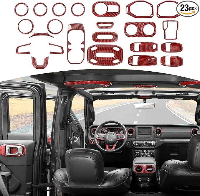 RT-TCZ for Wrangler JL Interior Trim Kit Compatible with Jeep Wrangler JL JLU Gladiator JT 2018-2023 Red Carbon Fiber Interior Accessories 23pcs