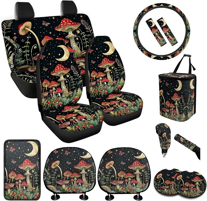 BIGCARJOB Mushroom Car Seat Cover Full Set 15 Pieces Mushroom Print Car Interior Accessories Set with Universal Steering Wheel Cover Car Trash Can Hanging Seat Headrest Covers
