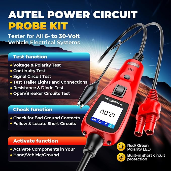 Autel PowerScan Automotive Circuit Tester PS100, 12V-24V Power Circuit Probe Kit w/Flashlight, AC/DC Voltage Resistance, Short Open Finder, Component Activation, 20FT Extension Cord for All Cars