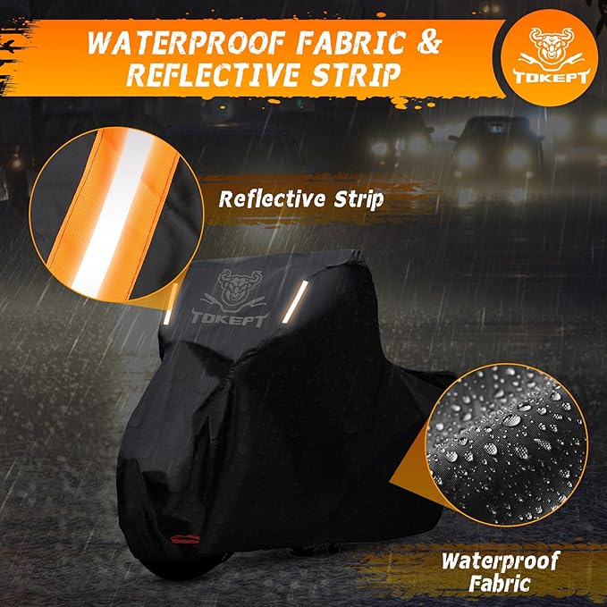 Motorcycle Cover, All Season Waterproof Outdoor Protection with Lock-Holes, Night Reflective & Storage Bag, Fits up to 116" Touring, Cruisers, Sportbikes (Black)