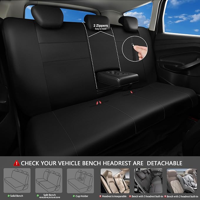 CAR PASS Leather Back Seat Cover, Universal Waterproof Bench Rear Seat Cover Zipper Split Rear Bench Protector Fit 95% Automotive Interior Covers for Cars Sedans SUVs (Rear,All Black)