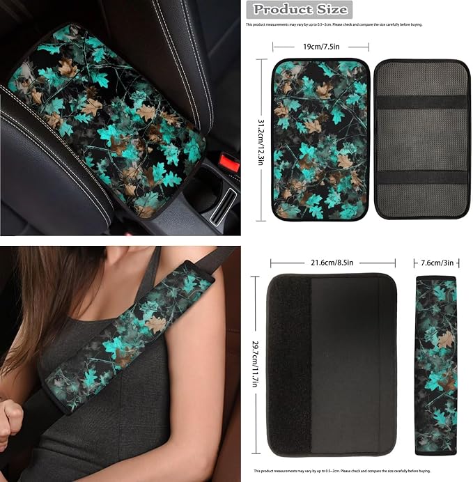 Blue Camo Maple Leaf Car Seat Covers Full Set 15 Pcs Universal Car Accessories Steering Wheel Cover Seat Belt Pads Garbage Bag Car Headrest Pillow Covers Armrest Pad