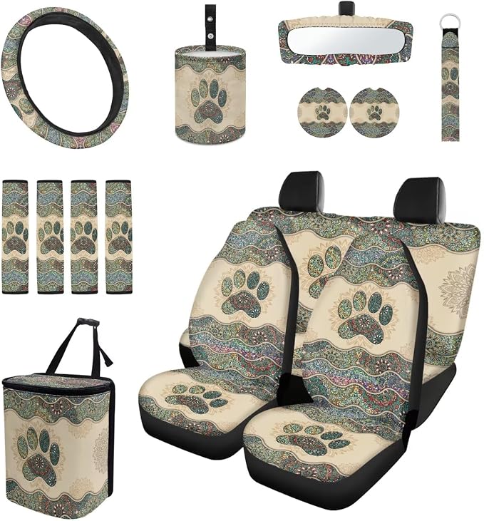 Boho Dog Paw Car Seat Covers Set of 15 with Universal Steering Wheel Cover, Rearview Mirror Cover, Car Trash Can, Seatbelt Pads, Cup Holder Coasters, Keychains