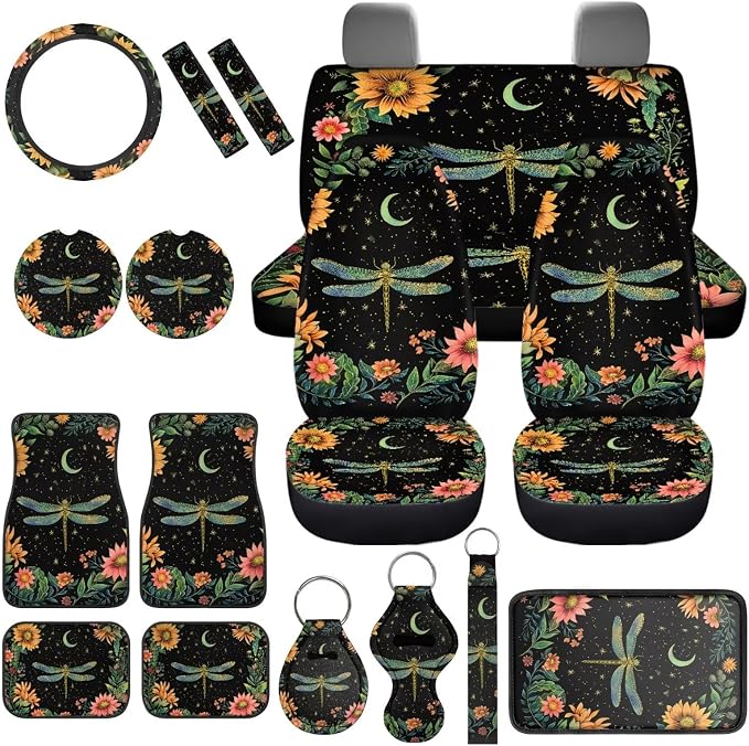 Dragonfly Car Accessories Set 17 Pack Starry Sky Dragonfly Car Seat Covers Full Set with Car Floor Mats All Weather,Cup Coaster,Seat Belt Shoulder Pad,Lip Stick Holder Keychain,Universal Fit