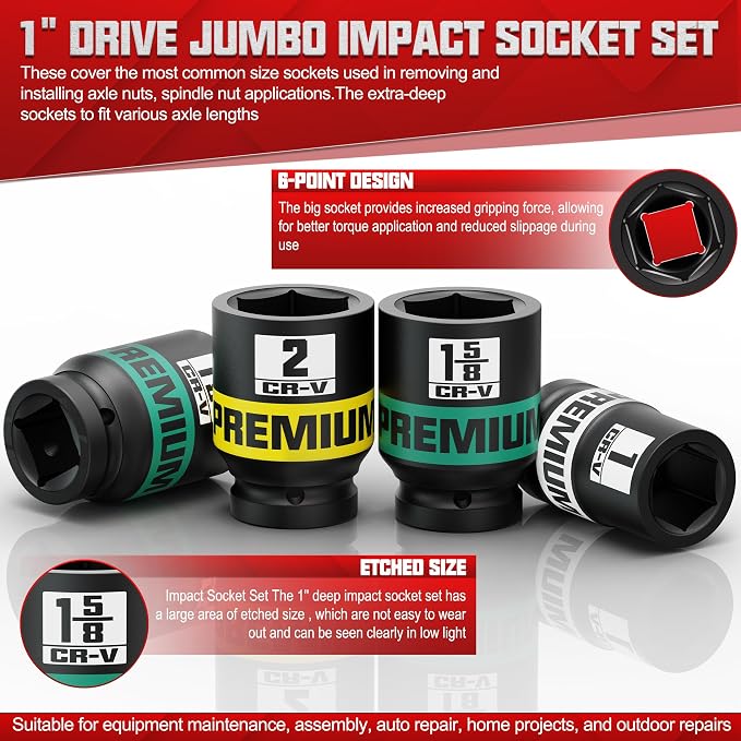 1" Drive Jumbo Impact Socket Set, SAE Axle Nut Sockets, 9-Piece (1-2 in.) Drive Deep Impact Socket Set, 6-Point, Cr-V Steel, Universal Hex Deep Socket Set with heavy Duty Storage Case
