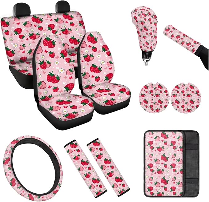 Cute Strawberry 12 Pieces Car Seat Covers Sets Steering Wheel Cover Steering Wheel Cover Car Console Covers Cars Seat Belt Cover Personalized for Most Cars, SUVs