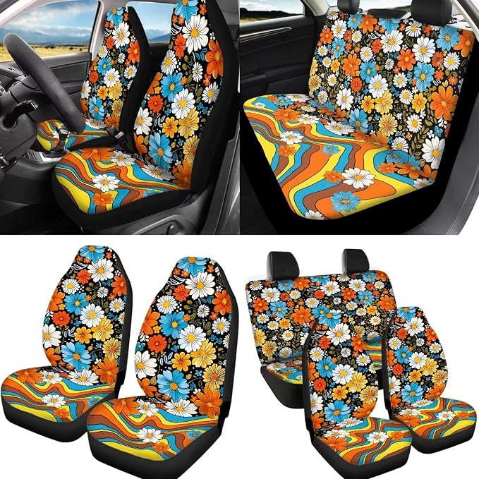 12 Pcs Hippie Flower Car Seat Covers Full Set for Women Lady,Retro Daisy Flower Colorful Swirl Wavy Auto Seat Protection Groovy Floral Steering Wheel Cover Car Coaster Automotive Interior Set