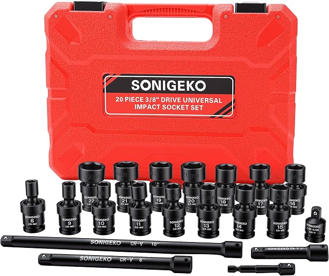 20-Piece 3/8" Drive Impact Swivel Socket Set, CR-Mo, Metric Universal Joint Socket 8mm-22mm, 6-Point, Comes with Extension Bars, Universal Joint, 1/2" to 3/8" & 1/4" to 3/8" Reducer Adapters