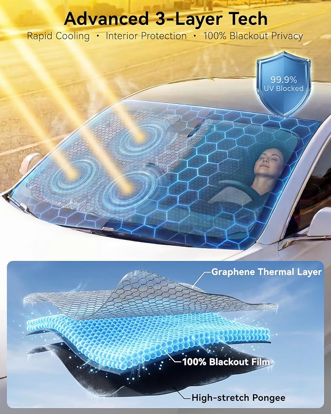 3W Windshield Sun Shade Umbrella, Large 63" x 32.3" – Graphene Coating Heat Shield, Spring Structure Edge – Protect Car Interior from Sun Rays & Heat Damage, Keep Cool