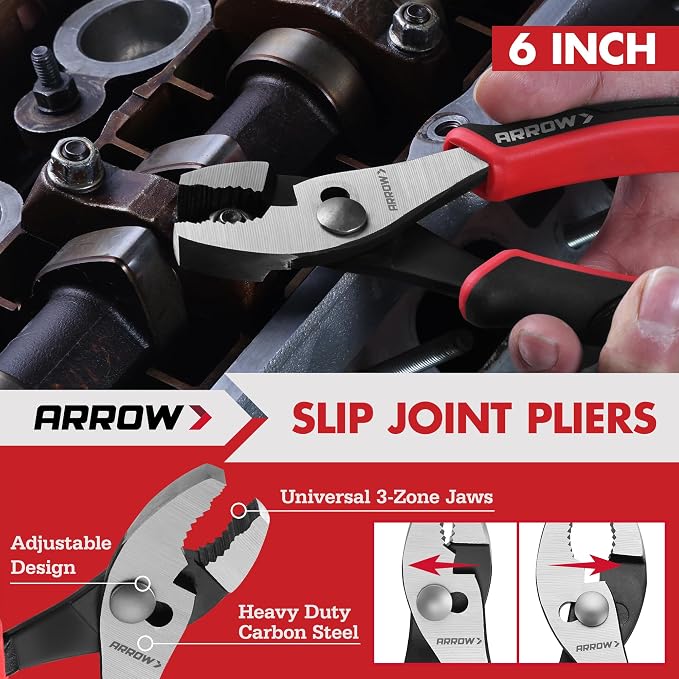 ARROW 8-Piece Pliers and Wrench Set, 12"/10"/8" Groove Joint Pliers, 8" & 6" Long Needle Nose, 8" Linesman, 6" Slip Joint, 8" Adjustable Wrench, Dual-Color TPR Handles, Roll-Up Pouch Included