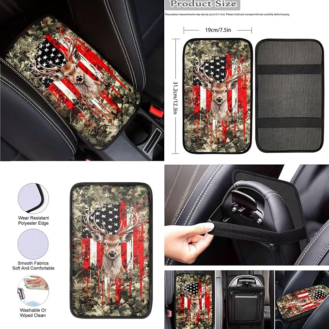 8 Pcs American Flag Hunting Deer Car Seat Covers Full Set Car Accessories for Women Front Seat Cover Steering Wheel Armrest Cover Seat Belt Cover for Auto SUV Interior Decoration