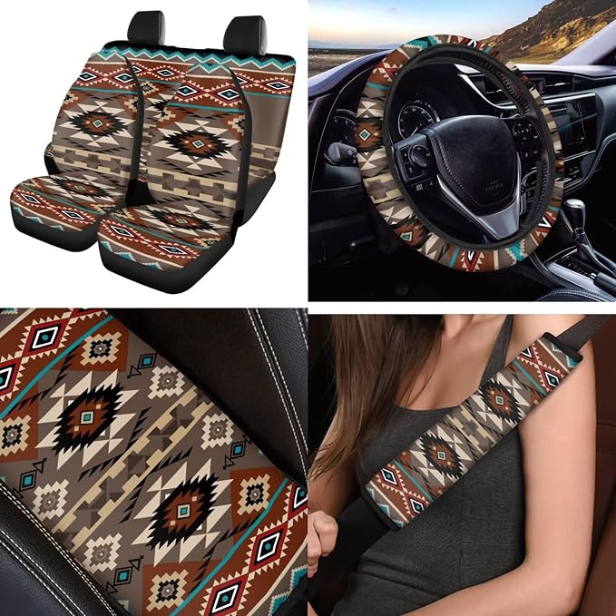 Brown Aztec 12 Pcs Car Seat Covers with Steering Wheel Cover,Seat Belt Covers Cup Holder with Keychain Novelty Automotive Protector Set Universal Fit Automotive Most Cars