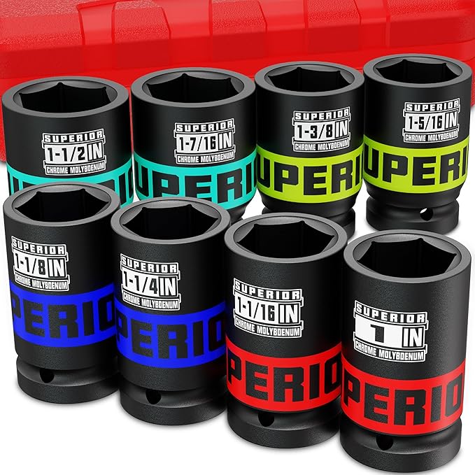 8 Piece 3/4" Drive Impact Socket Set, 1" - 1-1/2" Axle Nut Socket, SAE, 6-Point, Heavy Duty CR-MO, Large Automotive Repairs, Agricultural implement