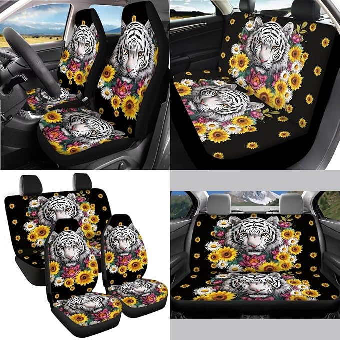 Tiger Sunflower Daisy Print Car Seat Covers Full Set, Car Accessories Set of 13, Universal Fit Steering Wheel Cover + Safe Belts Cover + Coasters with Notch for Trucks SUV Van