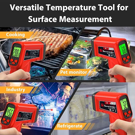 FKM Laser Thermometer Gun Non-Contact Infrared Temperature Gun,-58°F~986°F(-50°C~530°C) AdjustableEmissivity,Digital Thermometer Gun for Industrial,Kitchen Cooking,Oven,Automotive,HVAC,Not for Human
