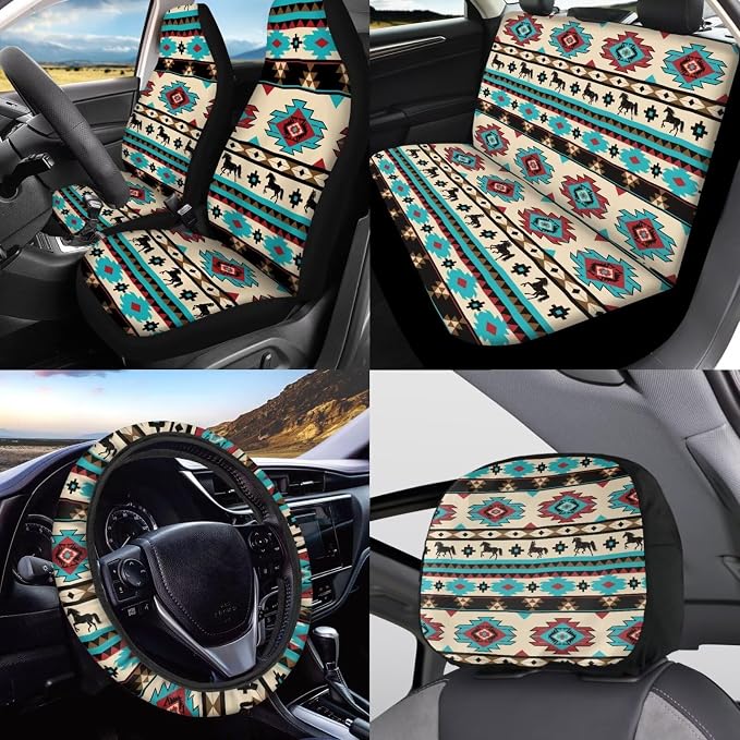 KEIAHUAN Tribal Aztec Horse 11 Piecce Car Seat Cover Full Set Front and Rear Split Bench Auto Seat Covers Handbrake Cover &Gear Shift Knob Cover Headrest Cover Coasters Women Men
