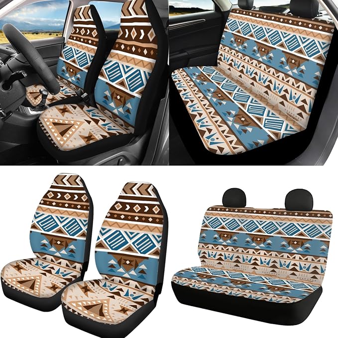 Aztec Seat Covers Full Set with Western Steering Wheel Cover, Shoulder Pads, Seat Covers Car Accessories Universal Fit for Most Cars, Blue and Brown
