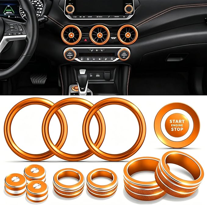 Interior Decoration Accessories for Nissan Sentra (2020-2025) - 12-Pieces Aluminum Alloy Ring Knob Cover Trim, Fits Push Start, A/C, Air Vent, & Volume Tune, 12PCS Set, Orange