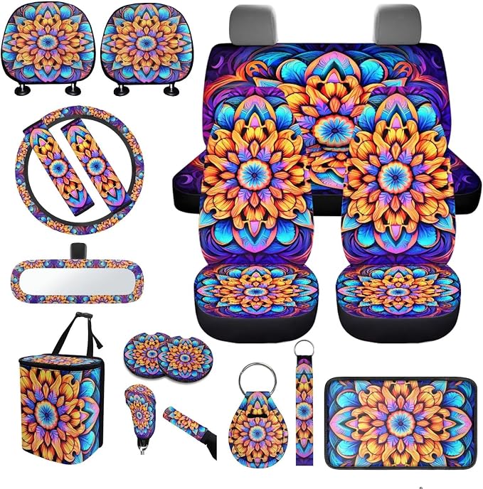 Mandala Lotus Car Seat Covers Full Sets 18 Pcs Universal Car Interior Accessories Set with Mandala Flower Print Car Headrest Covers Steering Wheel Cover Keychain Vehicle Trash Bag