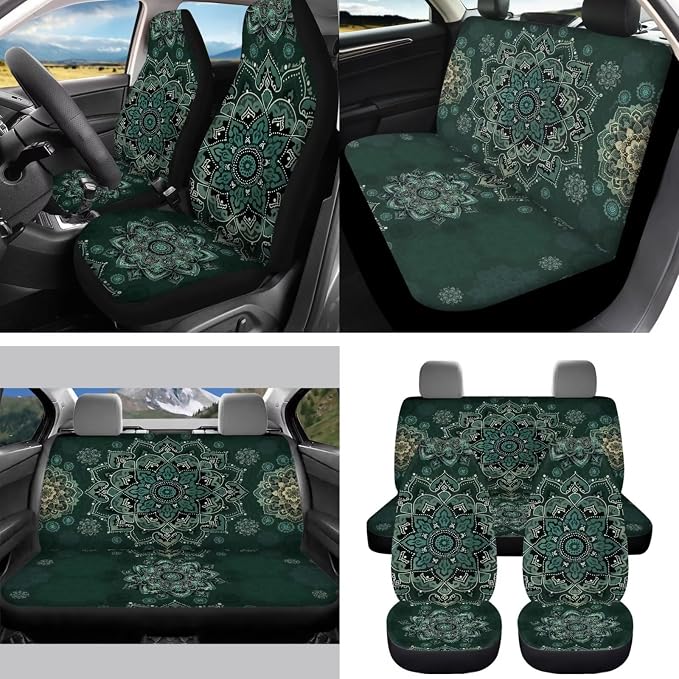 Green Mandala Floral Car Accessories Car Seats Cover Protector, Steering Wheel Covers, Seatbelt Cover, Car Trash Can, Cup Coasters, Rearview Mirror Cover, Keychains, Pack of 15