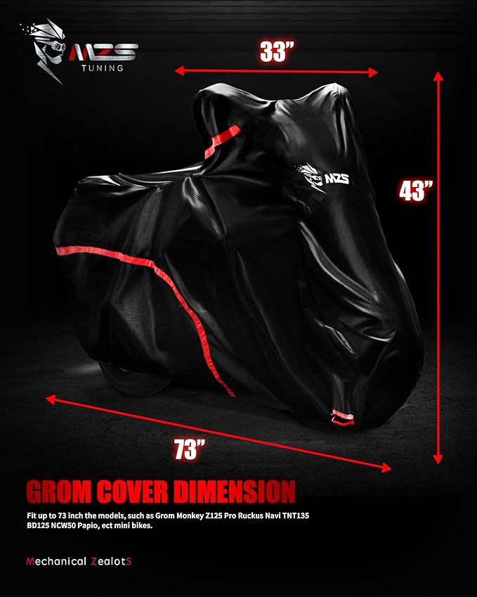 MZS Motorcycle Cover, All Season Weather Outdoor Waterproof Protection fits up to 73 inch M Compatible Mini Bike Dirtbikes Scooter with Vents Night Reflective Tear Scratch Proof Sunblock